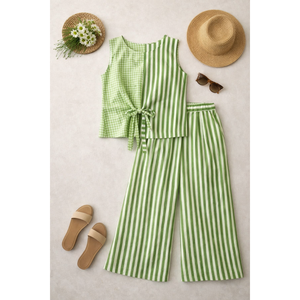 Conjunto coordinado de algodón 100% a rayas y cuadros gingham con cintura elástica, cuello redondo, sin mangas, ajuste holgado, estilo cruzado y con lazo para ocio. - Product Image 1