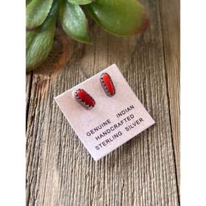 Navajo Made Mediterranean Coral & <b>Sterling</b> <b>Silver</b> <b>Stud</b> Earrings - Product Image 3