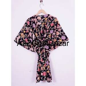 Robe de plage mi-longue en coton 100% pur, col en V, style kaftan, imprimé floral, écologique, pour femme, coupe régulière, idéale pour les croisières estivales - Product Image 5