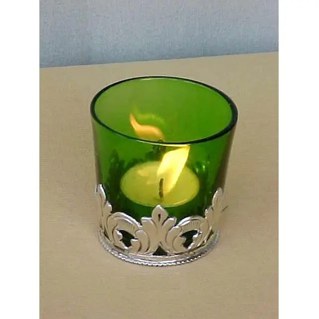 Lanterne photophore en laiton et verre vert de table unique pour la décoration à la maison