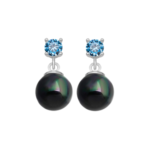 Pendientes de Plata de Ley 925 con Perla de Concha de 8 mm, Forma Impecable Mallorca, y Circonita de Color Aqua de 4 mm, de Turquía - Product Image 2