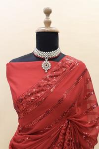 Indio Bollywood diseñador tradicional último color rojo trabajo de lujo nupcial Faux Georgette Sari último aspecto étnico ropa de fiesta mujeres - Product Image 3