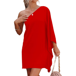 ชุดเดรสผู้หญิงเปิดหลัง ไหล่เดียว แขนสั้น ความยาวปานกลาง ชายกระโปรงไม่เท่ากัน ระบายอากาศได้ดี ผ้าฝ้าย สำหรับงานปาร์ตี้ ค็อกเทล ชุดเดรสทรงเข้ารูป - Product Image 1