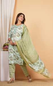 Ensemble Kurta Pantalon Dupatta en coton vert menthe avec col noué, broderie florale et travail de miroir, coupe droite mi-longue pour femmes - Product Image 4