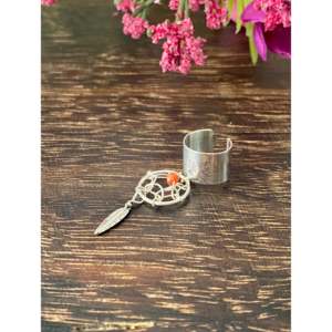 Navajo Crafted Fine Sterling Silver & Coral Dreamcatcher Ear <b>Cuff</b> Earrings - Product Image 4