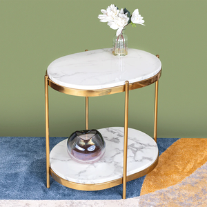 Mesa auxiliar de diseño de mármol ovalado de acero inoxidable dorado de 2 niveles personalizada al por mayor, muebles de café de doble capa para sala de estar - Product Image 4