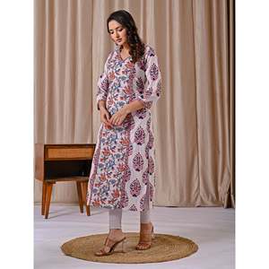 Kurti de Algodón con Estampado Jaal Blanco y Rosa, Corte Recto, Ropa Regional - Product Image 6