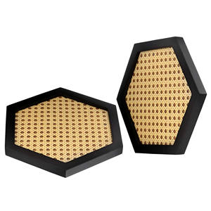 Plateau de service hexagonal en rotin avec cadre en bois noir, tissage en cannage, plaque décorative pour table basse, petit-déjeuner et décoration intérieure - Product Image 2