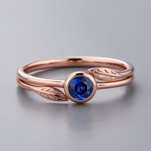 Bague en or rose massif avec feuille de saphir bleu et vigne Unique 10K 14K 18K Fine Jewelry Design inspiré de la nature pour les mariages et les fêtes - Product Image 5