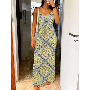 Women's <b>Spaghetti</b> Strap V-Neck Patterned Supima <b>Long</b> Dress, 34589 - Green - Product Image 1