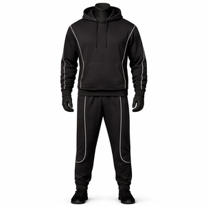 Conjunto Deportivo Personalizado en Negro |   Sudadera con Capucha y Pantalones Deportivos de Poliéster y Algodón |   Chándal Deportivo Unisex OEM ODM - Product Image 1