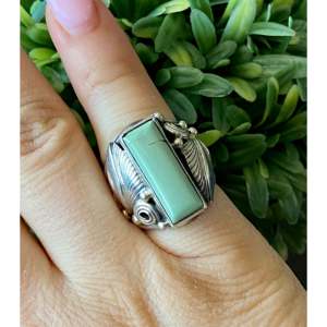 Royston Turquoise & Sterling <b>Silver</b> <b>Ring</b> Fashionable Navajo Design with Gold Plating Size 5.75 Stainless Steel Inlay Setting - Product Image 2