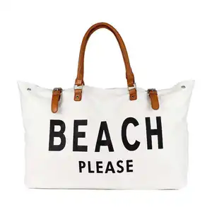 NAVI Custom Beach Please Travel Large Capacity Canvas Tote Beach Bags With PU Handle And Trims