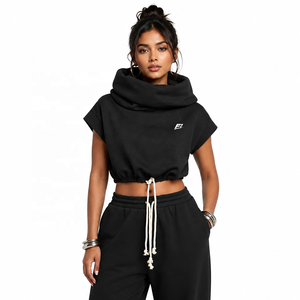 Custom Unisex Cropped Pullover Top Short Sleeve High Neck Drawstring Hem Casual Relaxed Fit <b>Soft</b> Fabric Streetwear <b>Hoodies</b> - Product Image 1