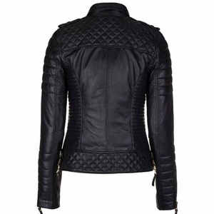 Genuine PU Leather Ladies Jacket Slim Fit Black Biker/Casual Coat with Cotton Filling <b>Zipper</b> Closure for Winter - Product Image 5
