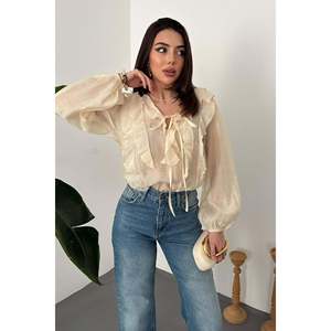 Blusa Beige con Volantes - Beige - Product Image 2