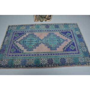 Alfombra de lana turca Vintage de 3,7x6 pies, diseño de retazos de felpa hecho a mano, clásico, azul, púrpura para adolescentes, respaldo de látex para sala de estar - Product Image 3
