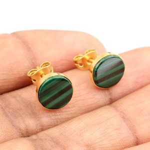 18K Gold Plated 925 Sterling Silver <b>Fine</b> <b>Stud</b> <b>Earrings</b> Stunning Indian Design with Natural Malachite Gemstone for Women Girls - Product Image 3