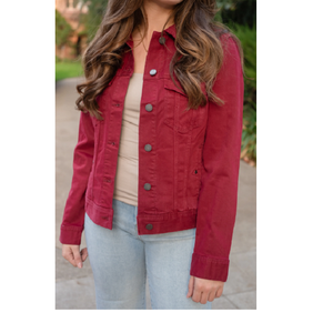 Women's Red Long Sleeve Casual Outdoor Jacket with <b>Button</b> up Design Chest Pockets Light Blue Denim Jeans Plain Dyed Technique - Product Image 2