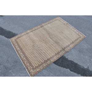 พรมขนสัตว์สีเบจสีน้ำตาลคลาสสิกขนาด3.7x5.6ฟุตทำด้วยมือทรงสี่เหลี่ยมผืนผ้าตุรกีออกแบบให้เป็นยางรองหลังสำหรับใช้ข้างเตียง - Product Image 3