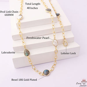 Modern Jewelry Genuine Fire Labradorite & Freshwater Pearl Bezel Setting <b>Necklace</b> Brass <b>Long</b> Layer Multi Station <b>Chain</b> <b>Necklaces</b> - Product Image 2