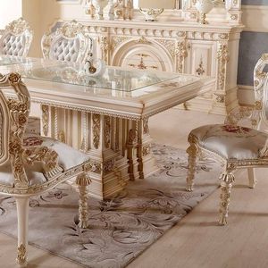 Juego de Comedor Estilo Palacio Europeo, Muebles Antiguos de Madera Tallada en Blanco y Dorado, 6 Sillas con Respaldo Sólido - Product Image 4