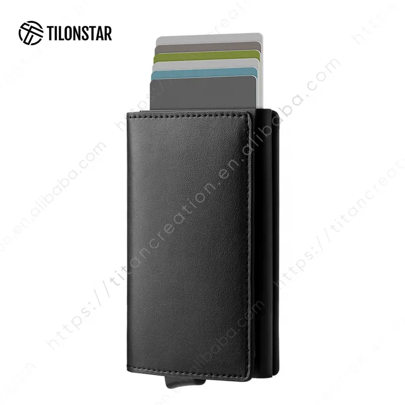 TILONSTAR dompet kartu kredit TG201M, pemegang kartu kredit bisnis aluminium kulit minimalis Pop Up Rfid kustom 2024