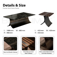 Table basse design FF Kiss, style italien haut de gamme, plateau en marbre noir et or, base incurvée en bronze brossé, luxe pour salon de villa.