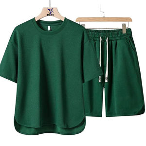 Conjunto de 2 piezas informal de verano para hombre, camiseta atlética de gran tamaño con patrón sólido, chándal con cordón, trajes de manga corta con diamantes de imitación - Product Image 4