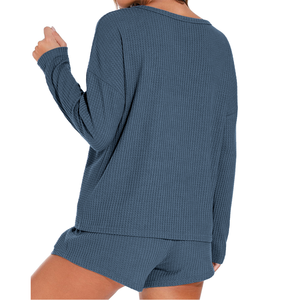 Conjunto de Sudadera y Pantalones Cortos de Manga Larga para Mujer, Estilo Casual, Color Sólido, Tejido Waffle, Corte Regular, 2 Piezas, Invierno 2025 - Product Image 5