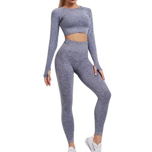 Workout Clothes for Women 7 Colors Seamless Yoga Set Sportswear Gym Suit Long Sleeve <b>Crop</b> Top High Waist Sport <b>Leggings</b> Academic - Product Image 3
