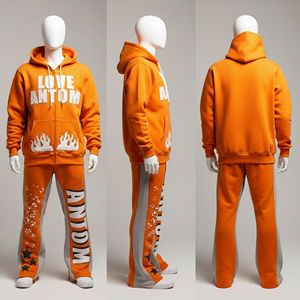 Ensemble survêtement et sweat à capuche en molleton français de haute qualité avec logo personnalisé, broderie, fermeture à cordon, streetwear uni pour hommes - Product Image 3