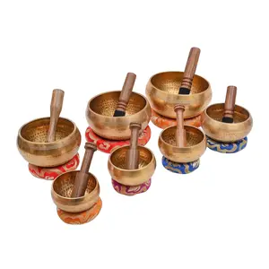 Tây Tạng hát bát đặt 7 Chakra handmade âm thanh chữa bệnh Bát búa Himalaya Brass