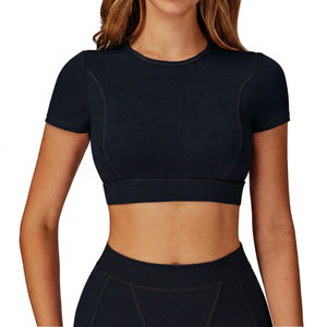 Women Solid <b>Red</b> Crew Neck Short Sleeve <b>Crop</b> Breathable Seamless Yoga Workout Wear - Product Image 5