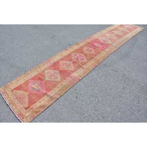 Vintage 2.5 X 12.7ft Turkish Rug Orange Pink Patchwork Design Classic for Living Rectangle Hallway Wool Viscose Polyester Latex - Product Image 3