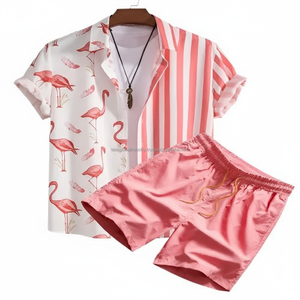 Conjunto de Camisa y Pantalones Cortos de Verano para Hombre, Personalizado OEM, Casual, Transpirable, de Spandex/Algodón, con Cuello de Botones en Degradado - Product Image 2