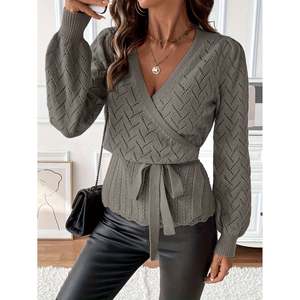 Women's Casual V-Neck <b>Long</b> <b>Sleeve</b> <b>Balloon</b> <b>Sleeve</b> <b>Cardigan</b> with Lace Trim Button Decoration Medium Gray/Black Wrap Tie Detail - Product Image 1