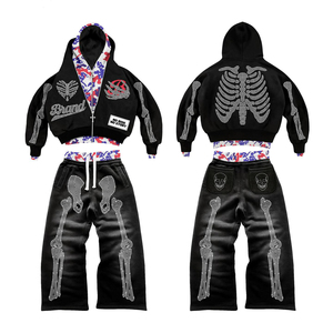 Conjunto Deportivo Personalizado de Otoño, Estilo Urbano, de Algodón, Holgado, con Cremallera, Estampado Puff, Sudadera con Capucha, Pantalones Acampanados, Conjunto de Jogger de Felpa para Hombre - Product Image 2