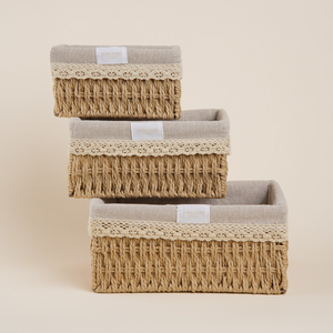 Rectangular Handwoven Seagrass Storage <b>Baskets</b> with <b>Linen</b> Lining and Lace Trim - Product Image 1