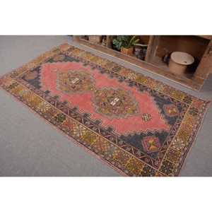 Vintage Turkish <b>Rug</b> 3.8 X 6.8ft Classic Pink Yellow Patchwork Wool Flat Weave <b>Boho</b> Jute Carpet for Living Room Latex Backed - Product Image 3