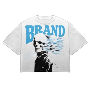 T-shirt court noir en jersey de coton pour femme, coupe oversize, respirant, avec imprimé crâne en relief et logo personnalisé DTG - Product Image 6