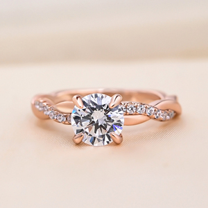 6 mm round cut moissanite <b>ring</b> with twisted pave band rose gold plated engagement jewelry - Product Image 1