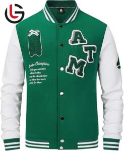 College Student Varsity <b>Jacket</b> for Men Chenille Logo Baseball Letterman Green Wool Body White <b>Leather</b> Sleeve Stand Collar Canvas - Product Image 1