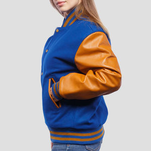 Veste universitaire en laine 100% avec manches en cuir, bleu et tan, personnalisable, unisexe, style baseball, bomber, fabricant OEM - Product Image 2
