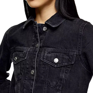 Chaqueta vaquera recortada a la moda para mujer, chaqueta vaquera de algodón negro lavado Vintage, cierre de botón, chaqueta vaquera personalizada para mujer - Product Image 3