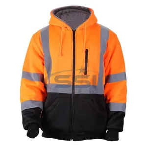 Men's ANSI Class 3 High Vis Safety Reflective Sweatshirt Wool Fleece Zipper Jacket Hoodie with Black Bottom Orange