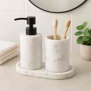 Ensemble de salle de bain contemporain en résine accessoires de vanité élégants porte-savon porte-brosse à dents plateau de gobelet élégant fait à la main - Product Image 3