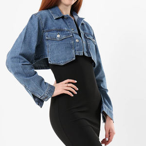 Veste en jean courte à manches longues pour femme, boutonnée sur le devant, look superposé tendance, streetwear décontracté, motif uni, logo - Product Image 3
