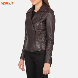Veste en cuir véritable pour femme, style motard vintage, coupe ajustée, marron uni, fermeture éclair, tendance, mode, hiver - Product Image 5