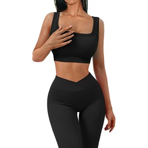 Women's Black Ribbed Yoga Set High Waist Leggings Scoop Neck Racerback Sports Bra 2 Piece Seamless Stretchable Workout Wear - Product Image 3